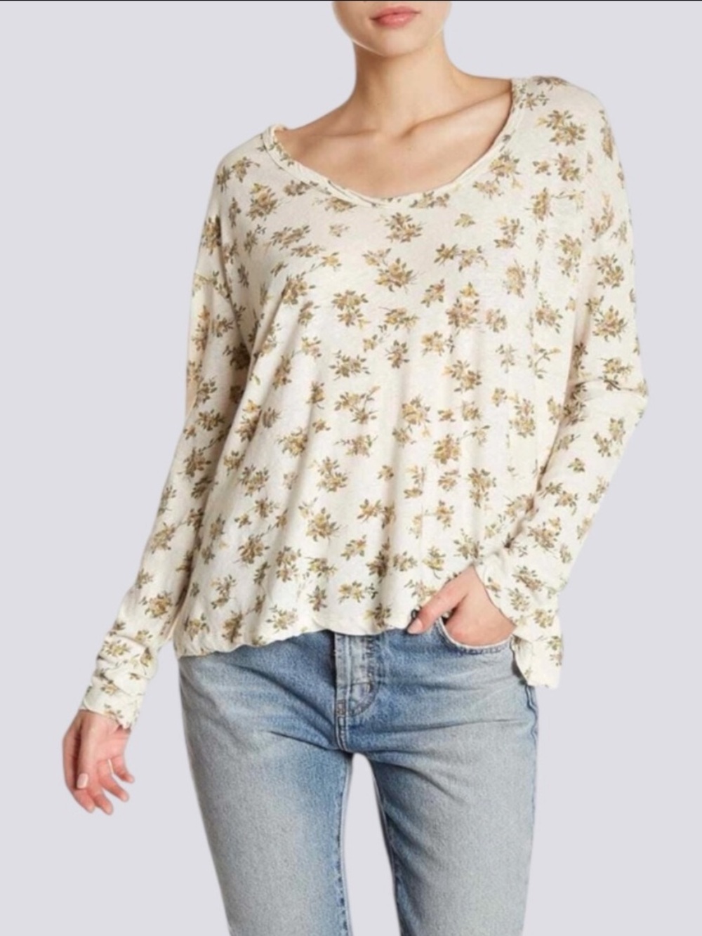 Current/Elliott Linen Blend Ivory Floral Long Sleeve T-Shirt